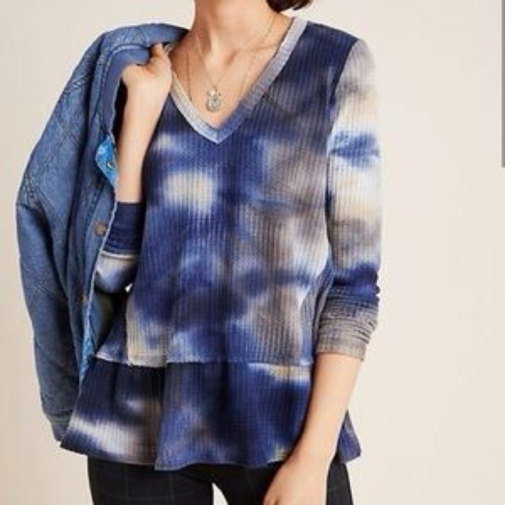 Anthropologie Eri+Ali Tallie Blue Tie Dye Thermal Knit Long Sleeve Peplum Top XS